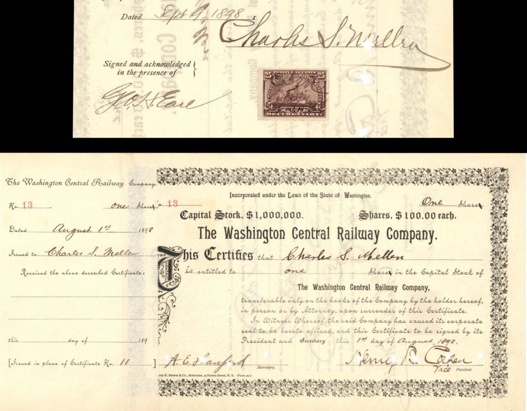 Washington Central Railway Co. issued to and signed by Charles S. Mellen and Geo. H. Earl - 1898 dated Autographed Stock Certificate