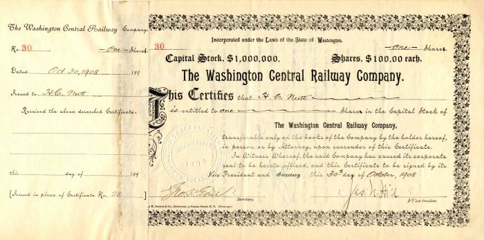 Washington Central Railway Co. Signed by James N. Hill and Geo. H. Earl - Stock Certificate