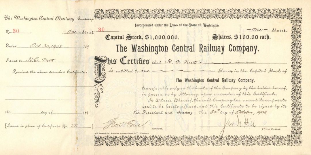 Washington Central Railway Co. Signed by James N. Hill and Geo. H. Earl - 1908 dated Autographed Stock Certificate
