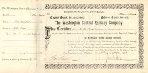 Washington Central Railway Co. Signed by James N. Hill and Geo. H. Earl - 1908 dated Autographed Stock Certificate