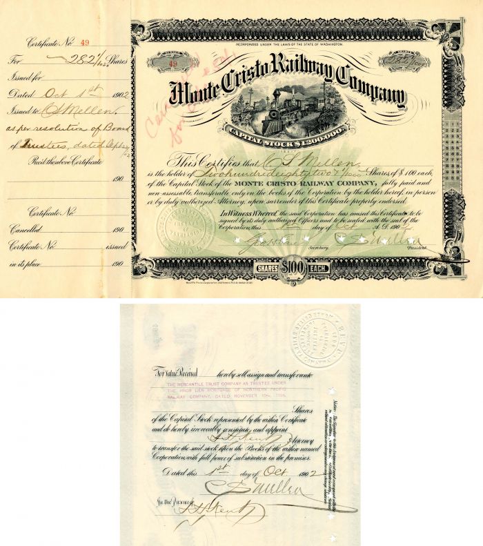 Monte Cristo Railway Co. signed by C.S. Mellen - Stock Certificate