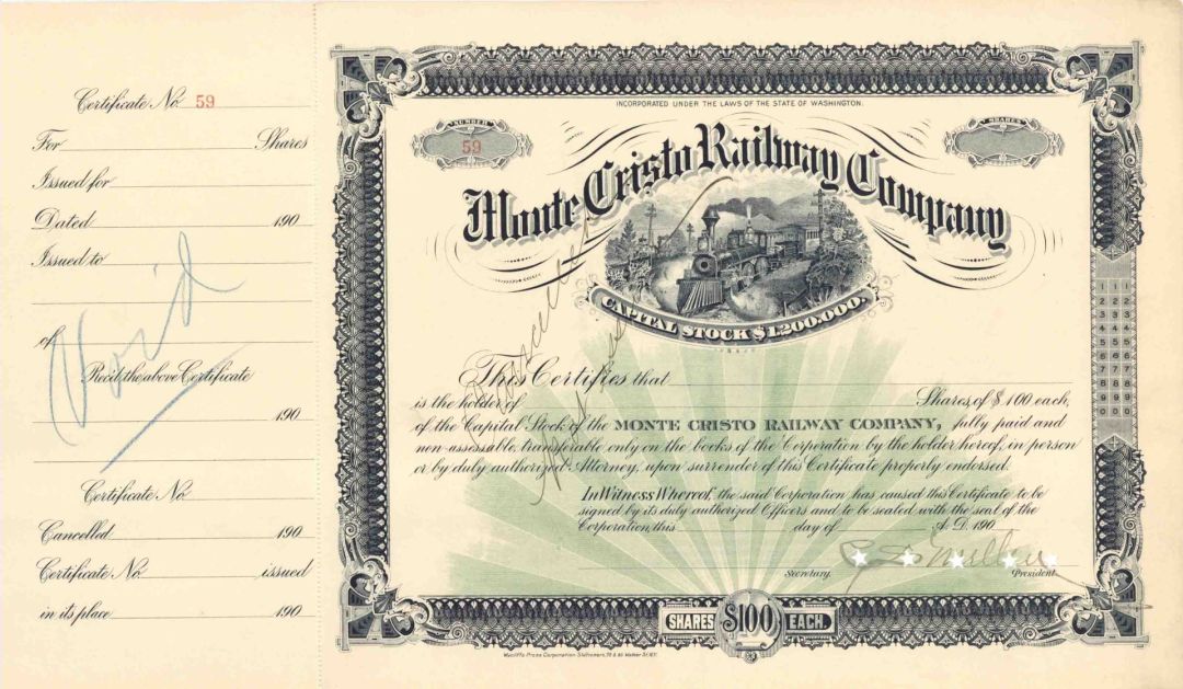 Monte Cristo Railway Co. signed by C.S. Mellen - Unissued Autographed Stock Certificate