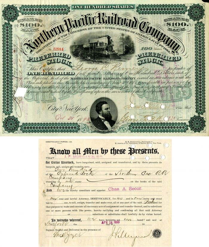 Northern Pacific Railroad Co. signed by J.P. Morgan Jr. - Stock Certificate