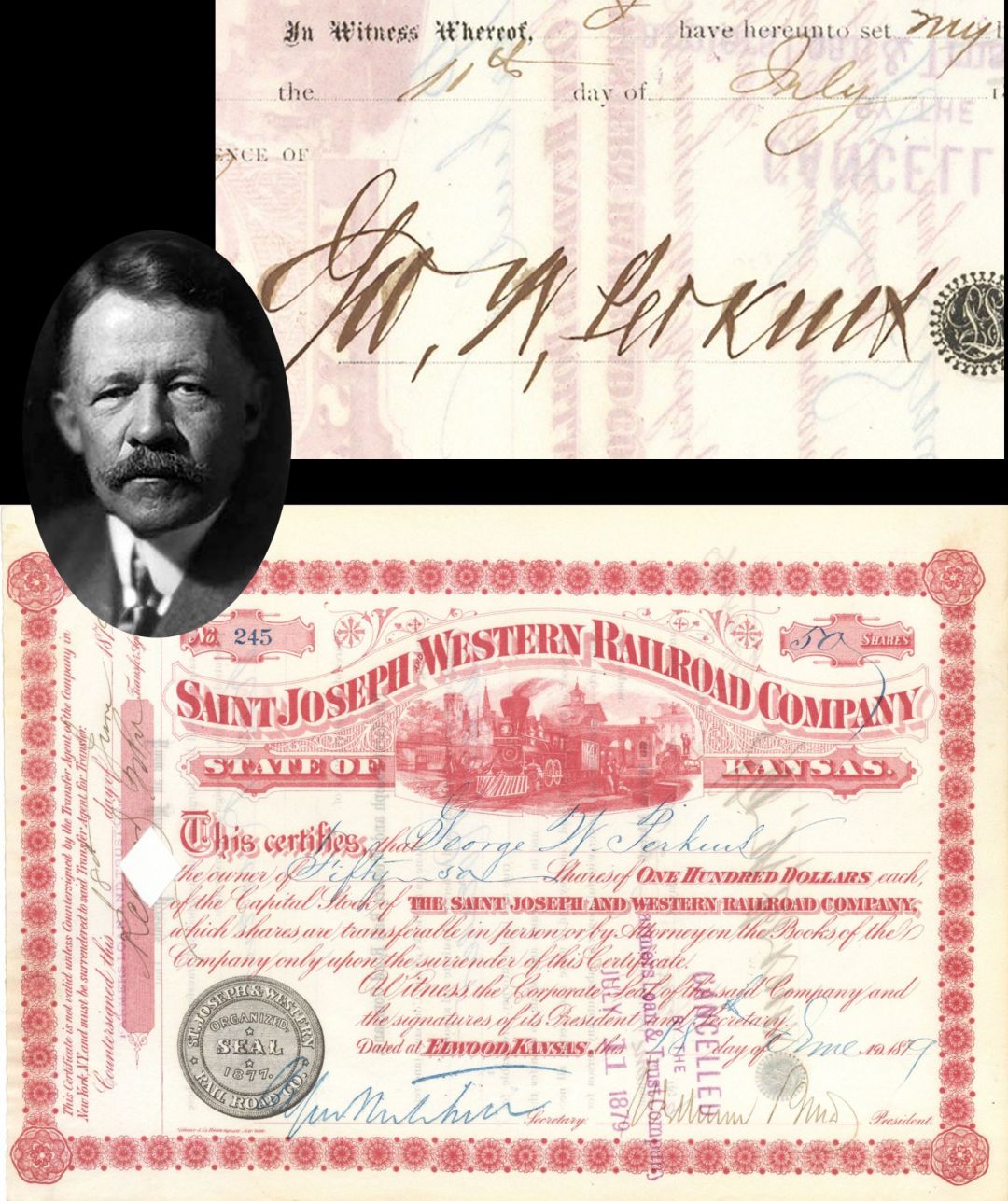 Saint Joseph and Western Railroad Co. signed by G.W. Perkins -  1879 dated Autographed Stock Certificate