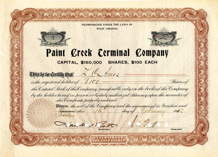 Paint Creek Terminal Co. signed by Charles and Harold I. Pratt - Stock Certificate