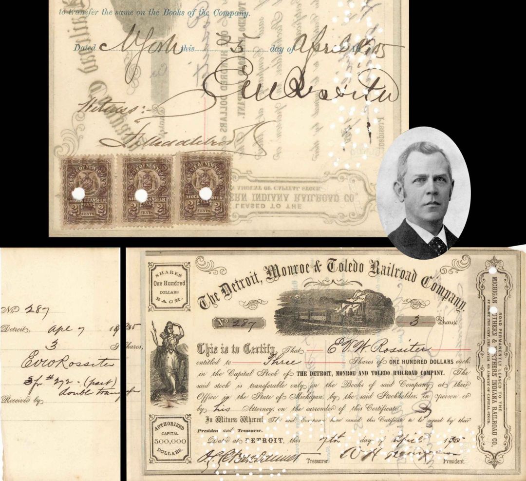 Detroit, Monroe and Toledo Railroad Co. signed by E.V.W. Rossiter - 1905 dated Autographed Stock Certificate
