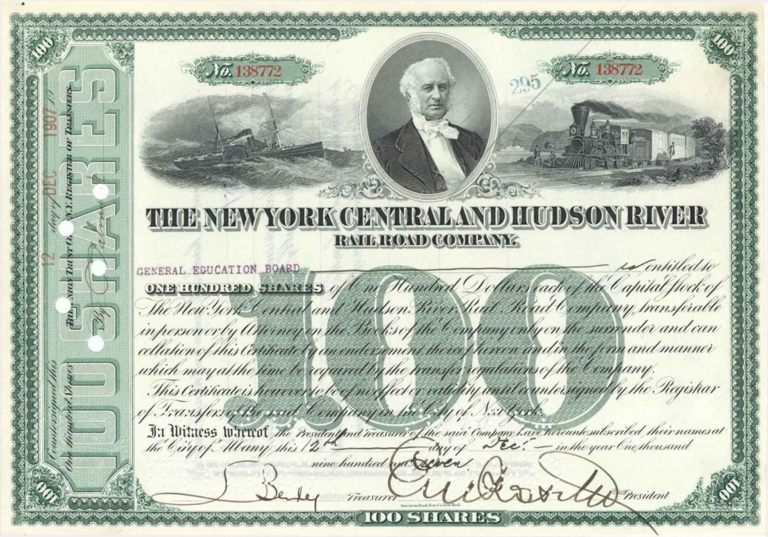 New York Central and Hudson River Railroad Co. signed by E.V.W. Rossiter - 1907 dated Autographed Stock Certificate