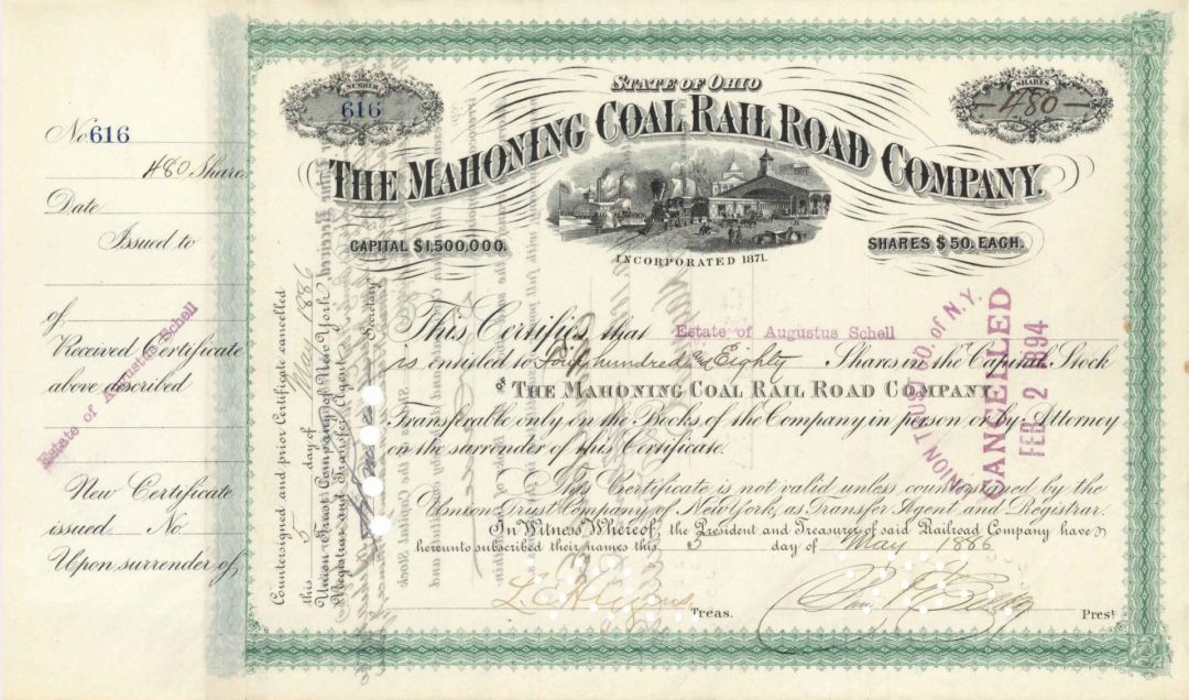 Mahoning Coal Railroad Co. Issued to Estate of Augustus Schell - 1886 dated Stock Certificate