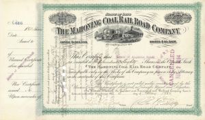 Mahoning Coal Railroad Co. Issued to Estate of Augustus Schell - 1886 dated Stock Certificate
