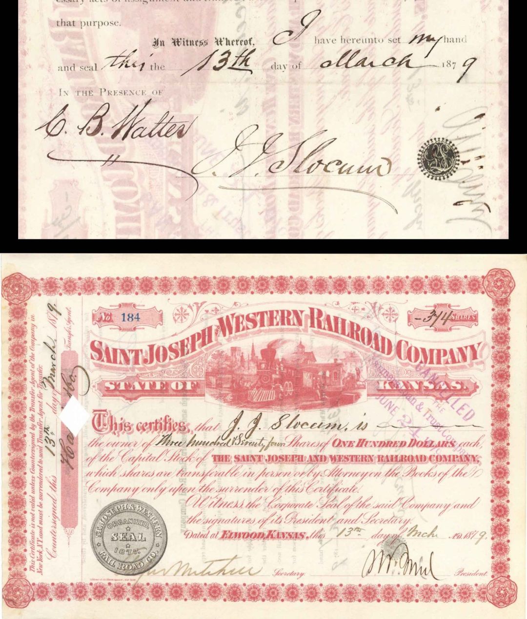 Saint Joseph and Western Railroad Co. signed by J.J. Slocum - 1879 dated Autographed Stock Certificate