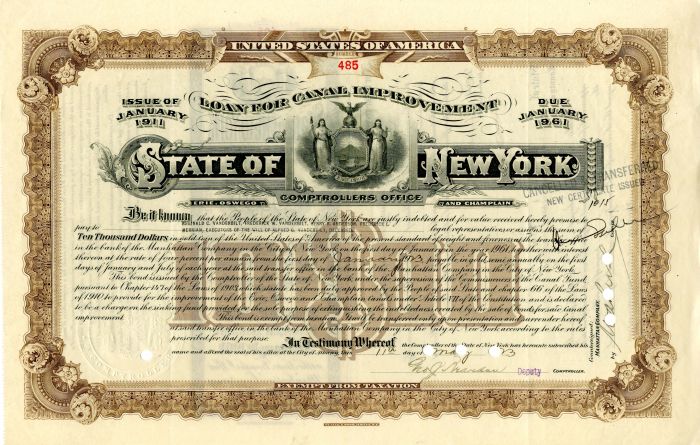 Loan for Canal Improvement State of New York Issued to the will of Alfred G. Vanderbilt - $10,000 - Bond