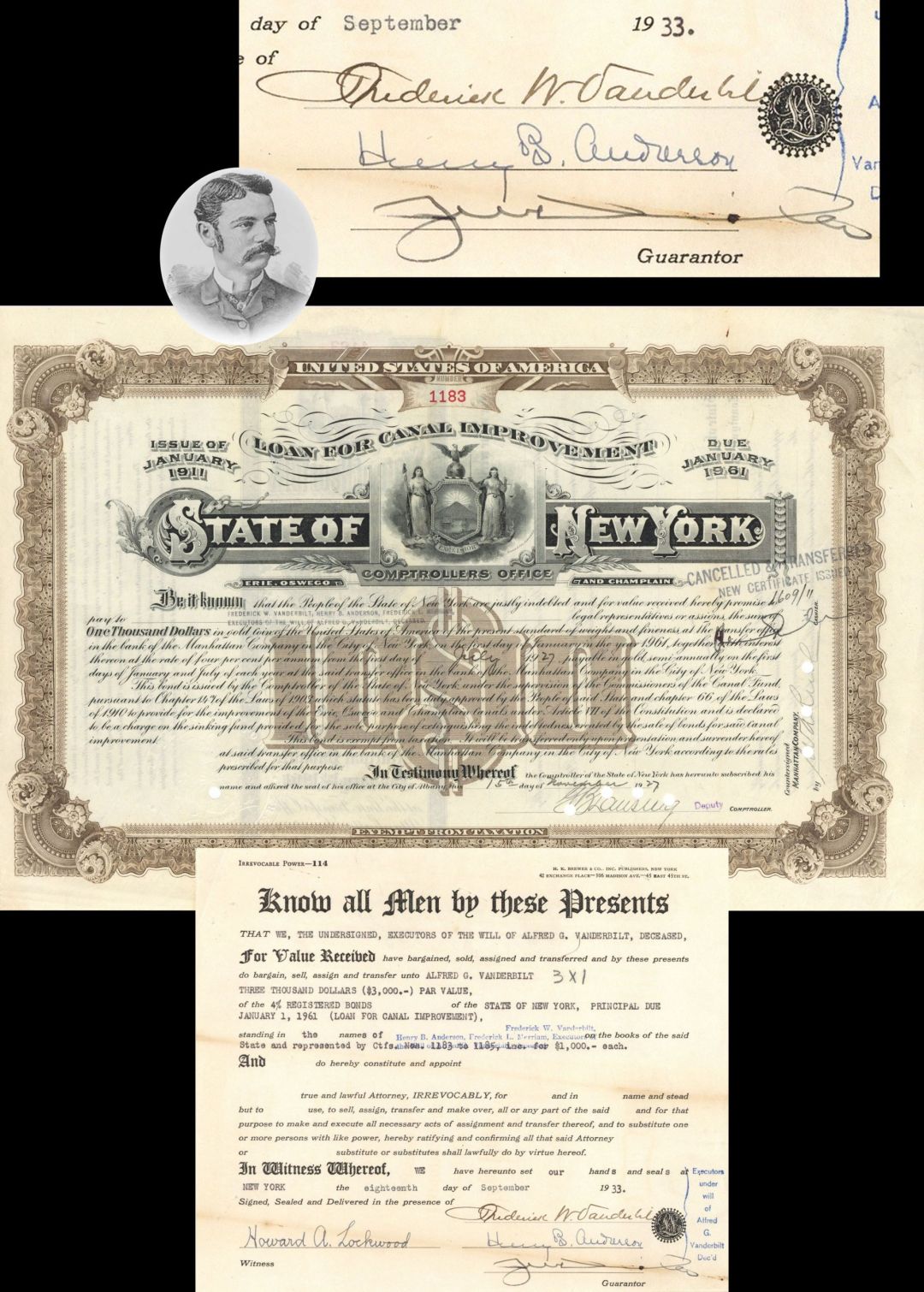 State of New York Loan for Canal Improvement Issued to the will of Alfred G. Vanderbilt and signed on Transfer by Frederick Vanderbilt - $10,000 1927 or 1929 dated Bond