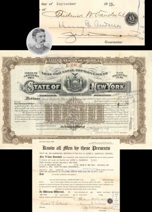 State of New York Loan for Canal Improvement Issued to the will of Alfred G. Vanderbilt and signed on Transfer by Frederick Vanderbilt - $10,000 1927 or 1929 dated Bond