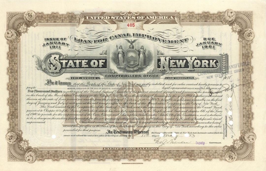 State of New York Loan for Canal Improvement Issued to the will of Alfred G. Vanderbilt - $10,000 1923 dated Bond