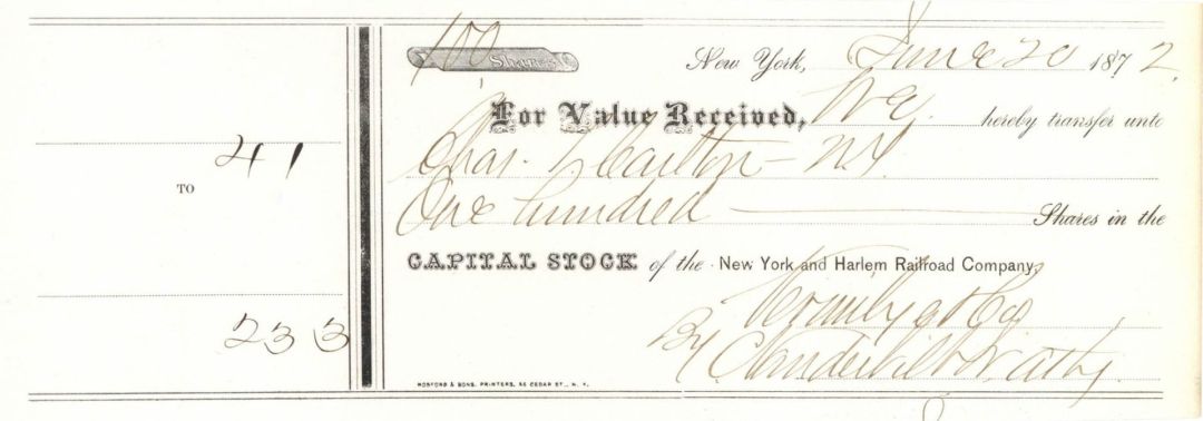New York and Harlem Railroad Co. signed by Cornelius Vanderbilt II - 1871-1873 dated Autographed Railway Stock Certificate