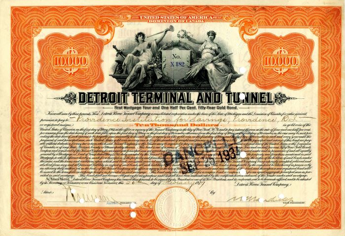 Detroit Terminal and Tunnel - $10,000 signed by Wm. K. Vanderbilt - Bond