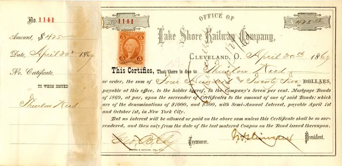 Lake Shore Railway Co. signed by J.H. Devereux - Railroad Stock Certificate