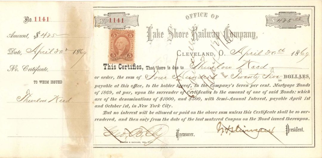 Lake Shore Railway Co. signed by J.H. Devereux and issued to Thurlow Weed -1869 dated Autographed Railroad Stock Certificate