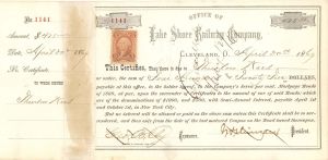 Lake Shore Railway Co. signed by J.H. Devereux and issued to Thurlow Weed -1869 dated Autographed Railroad Stock Certificate