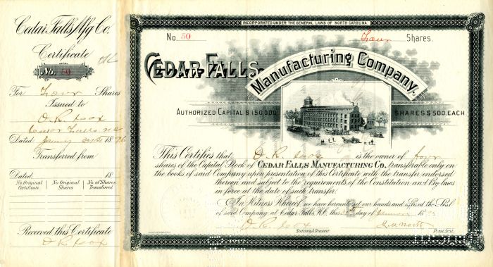 Cedar Falls Manufacturing Co. signed by John M. Worth - Stock Certificate