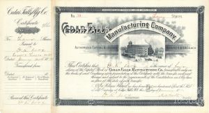 Cedar Falls Manufacturing Co. signed by John M. Worth - 1896 dated Autographed Stock Certificate