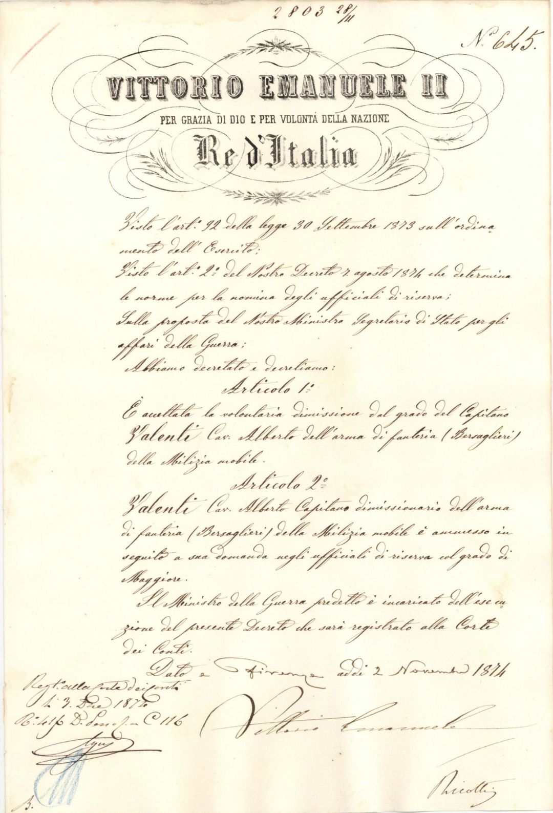 Vittorio Emanuele II signed Document - 1874 dated Autograph