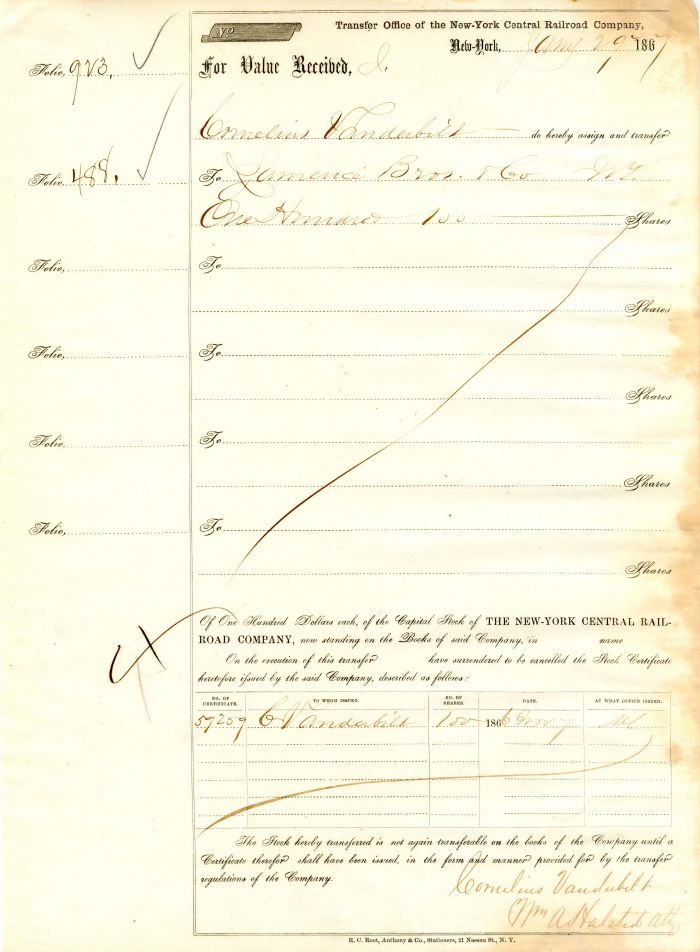 New-York Central Rail-Road Co. Transfer to Cornelius Vanderbilt - Stock Certificate