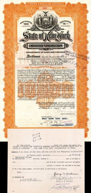 State of New York transfer sheet signed by George L. Widener Jr. - 1946 $10,000 Bond