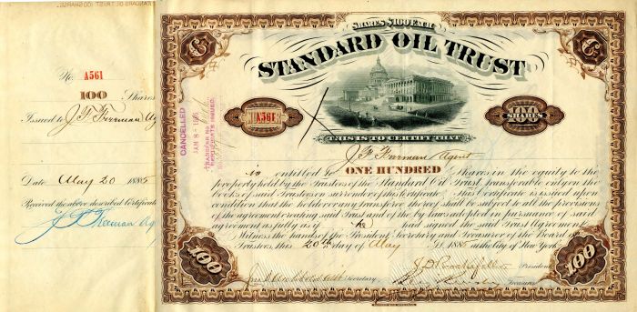 Standard Oil Trust issued to J.F. Freeman and signed by J.D. Rockefeller and  J.D. Archbold - Stock Certificate