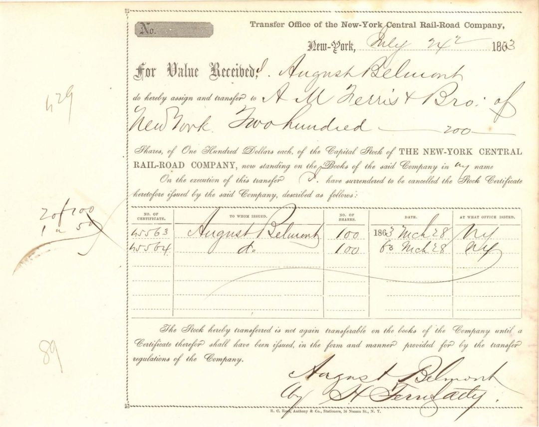 New-York Central Rail-Road Co. Stock Transfer signed by Attorney for August Belmont - 1863 Autographed Stock Certificate