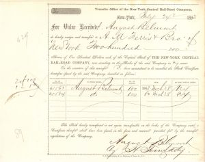 New-York Central Rail-Road Co. Stock Transfer signed by Attorney for August Belmont - 1863 Autographed Stock Certificate