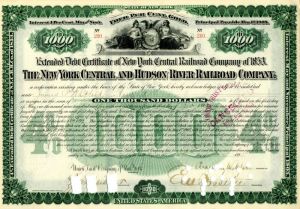 New York Central and Hudson River Railroad Company signed by Chauncey M. Depew - $1,000 Bond