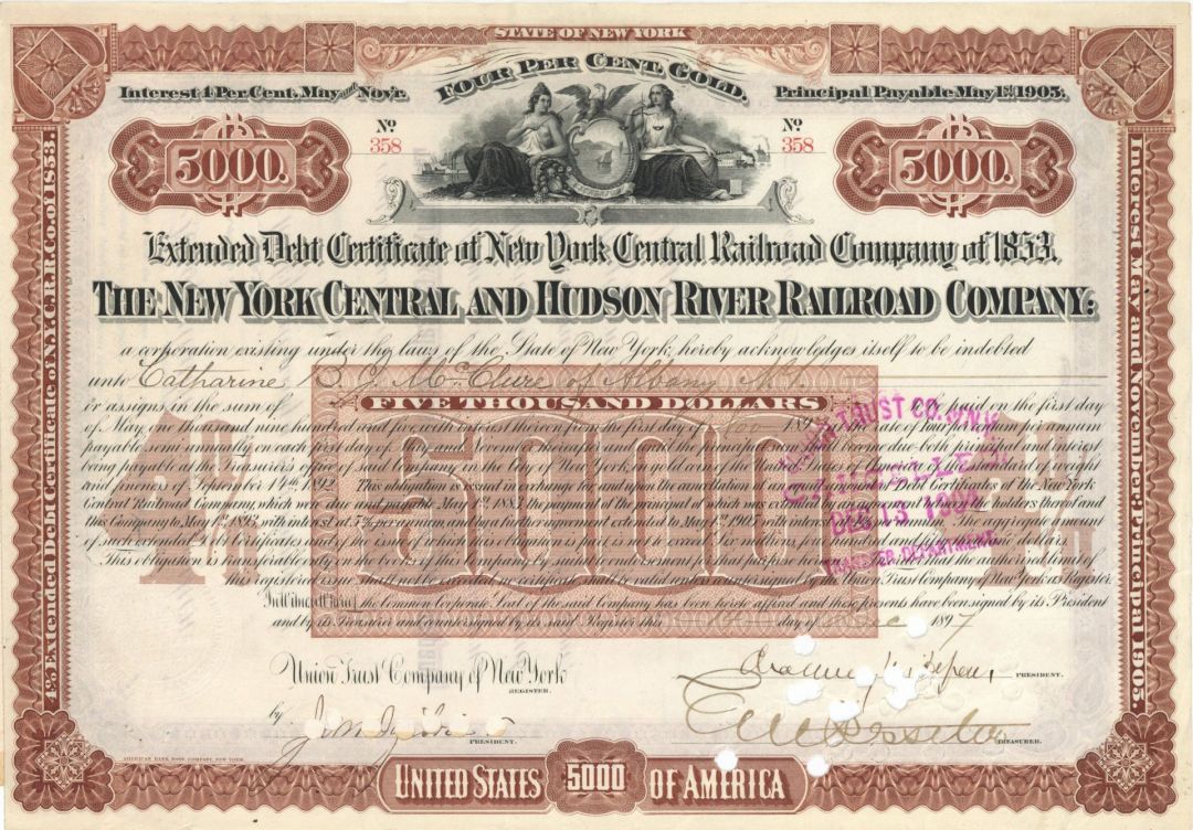 New York Central and Hudson River Railroad Co. signed by Chauncey M. Depew - $5,000 Bond