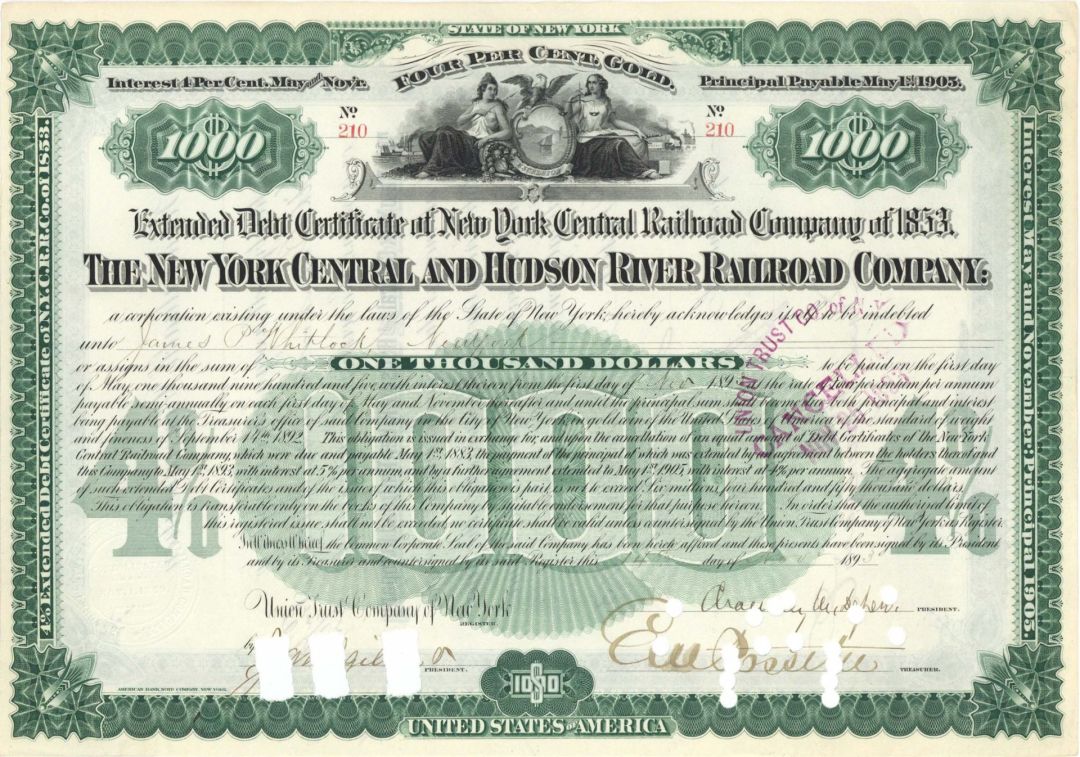 New York Central and Hudson River Railroad Co. signed by Chauncey M. Depew - 1893 dated Autographed $1,000 Bond