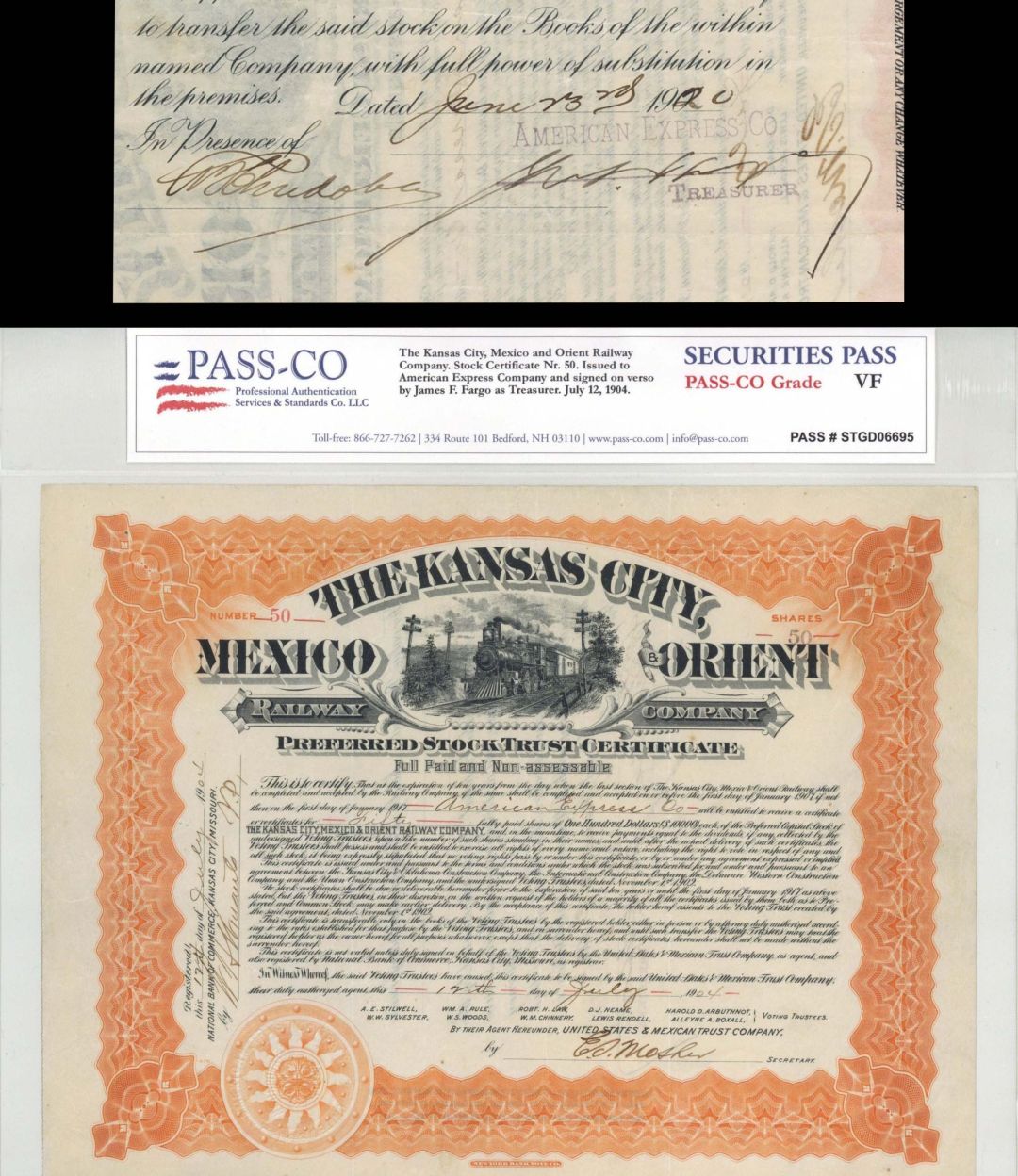 Kansas City, Mexico and Orient Railway Co. PASS-CO authenticated and signed by James F. Fargo - 1904 and 1920 dated Autographed Stock Certificate
