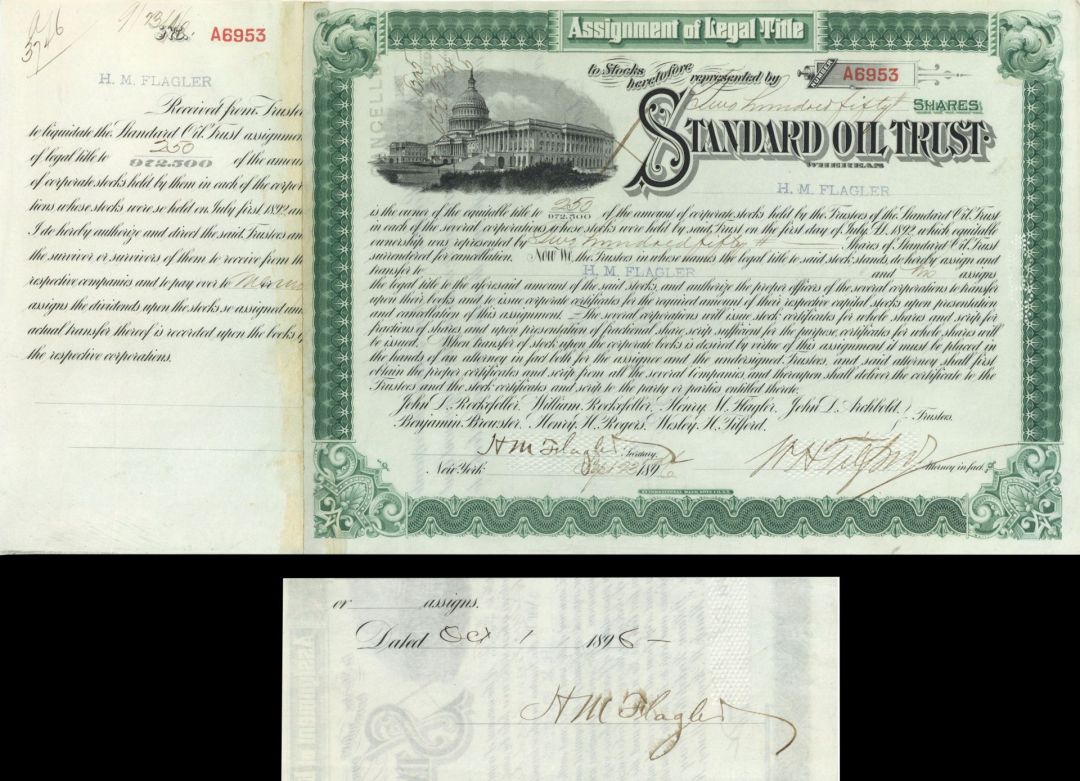 Standard Oil Trust issued to and signed by H.M. Flagler and W.H. Tilford - 1893 or 1896 dated Autographed Stock Certificate