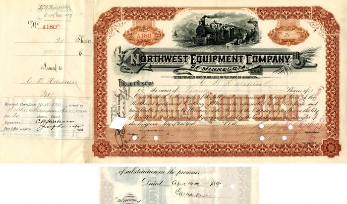 Northwest Equipment Co. of Minnesota issued to and signed by C.W. Harkness - Stock Certificate