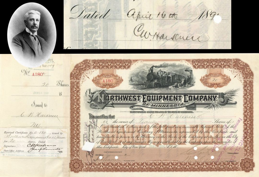 Northwest Equipment Co. of Minnesota issued to and signed by C.W. Harkness - 1896 dated Autographed Stock Certificate
