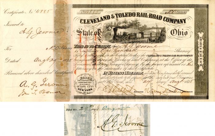 Cleveland and Toledo Rail-Road Co. signed by A.G. Jerome - Stock Certificate