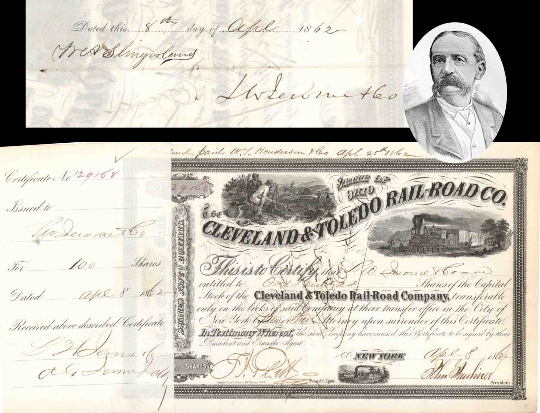 Cleveland and Toledo Rail-Road Co. issued to and signed by L.W. Jerome - 1862 dated Autographed Stock Certificate
