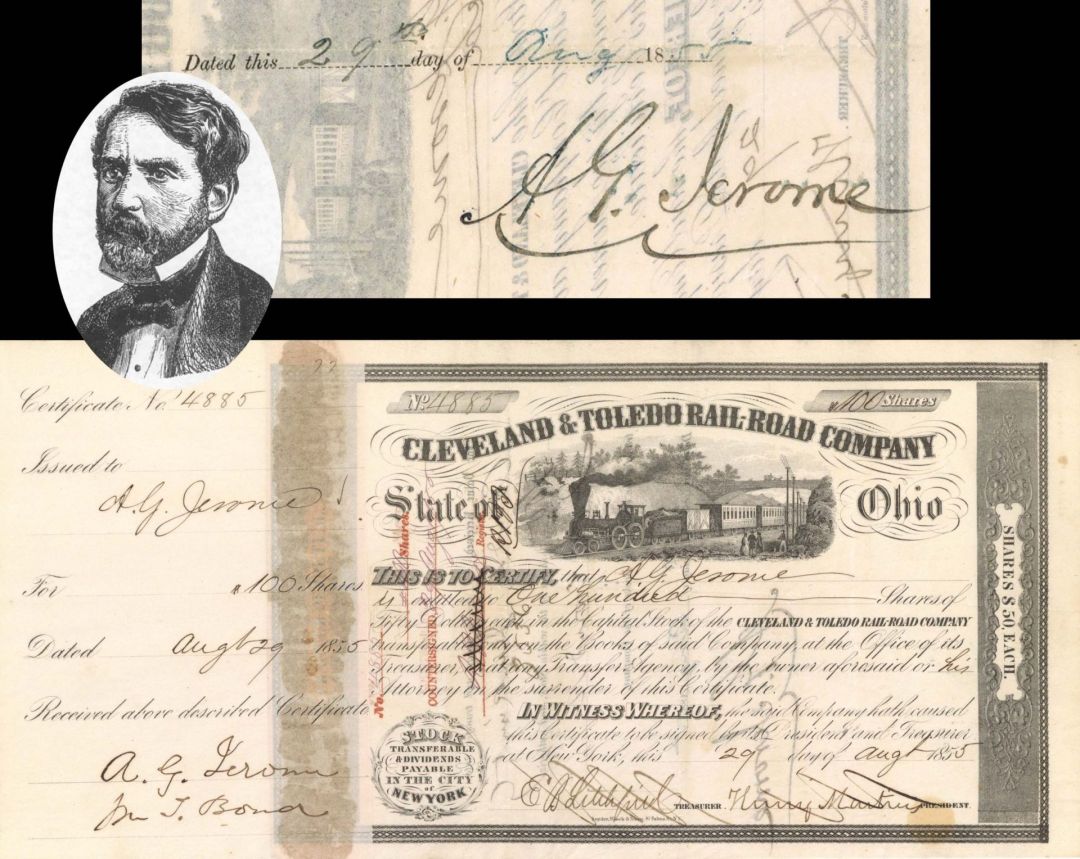 Cleveland and Toledo Rail-Road Co. signed by A.G. Jerome - 1855 or 1856 dated Autographed Stock Certificate