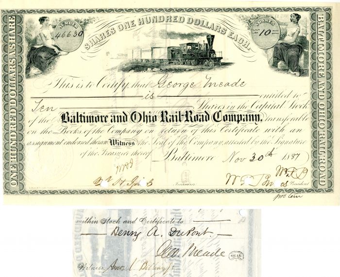 Baltimore and Ohio Rail-Road Co. signed by Geo Meade - Stock Certificate