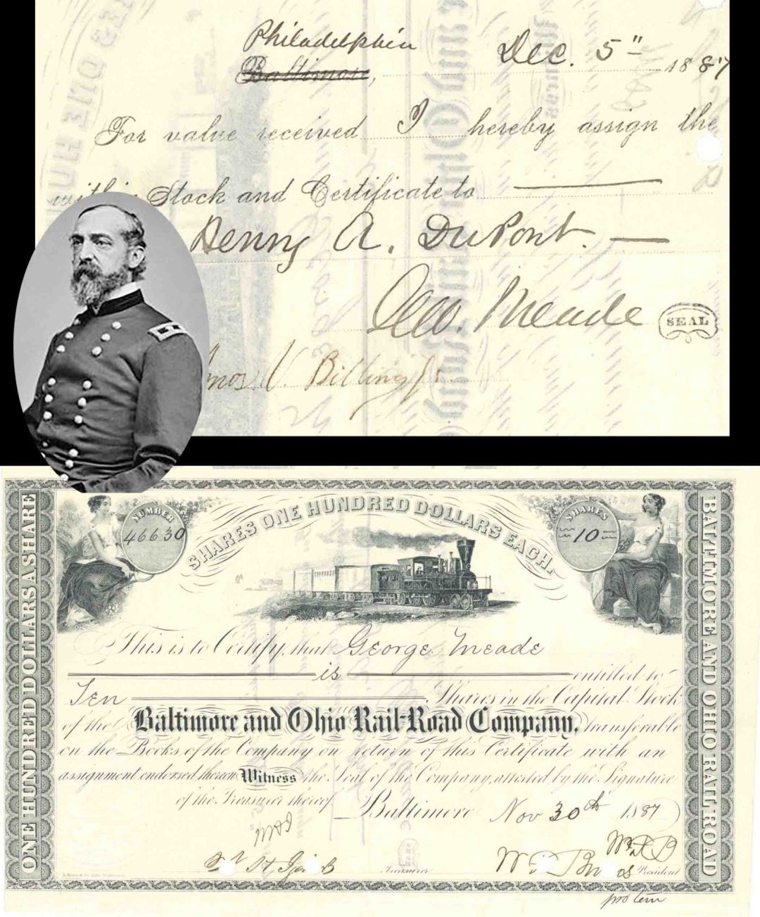 Baltimore and Ohio Rail-Road Co. signed by Geo Meade - 1887 dated Autographed Stock Certificate