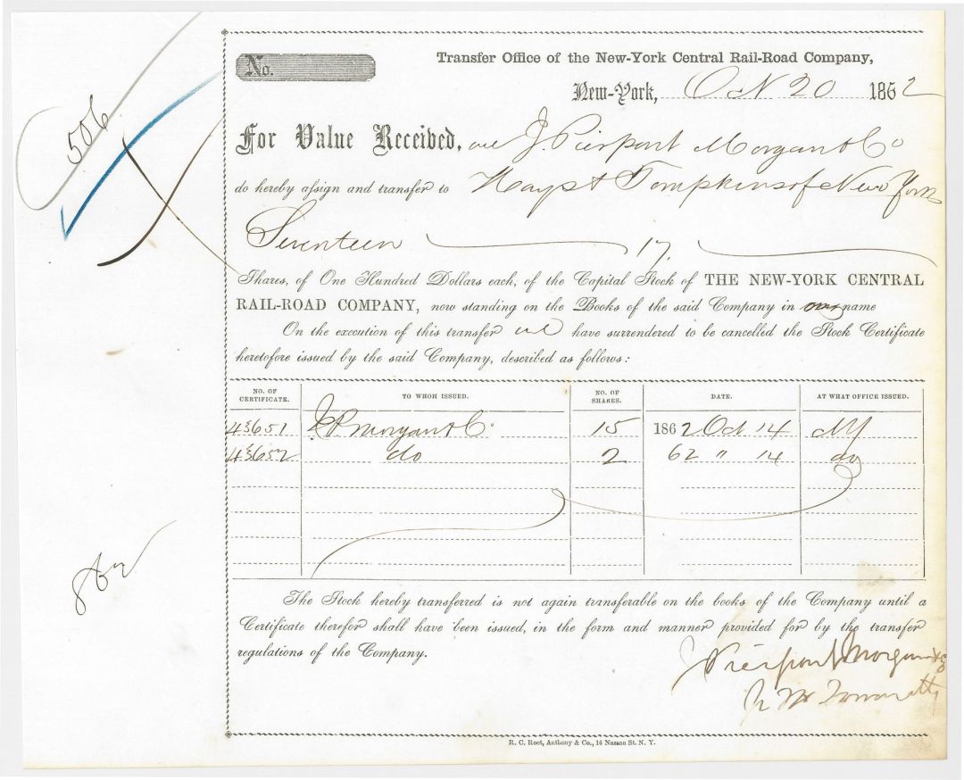 1863 dated J. Pierpont Morgan & Co. issued to New York Central Railroad Co. Transfer of Stock Receipt