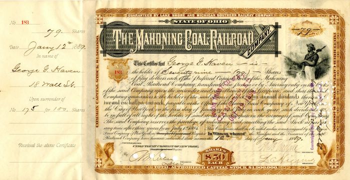 Mahoning Coal Railroad Co. signed by H.B. Payne - Stock Certificate