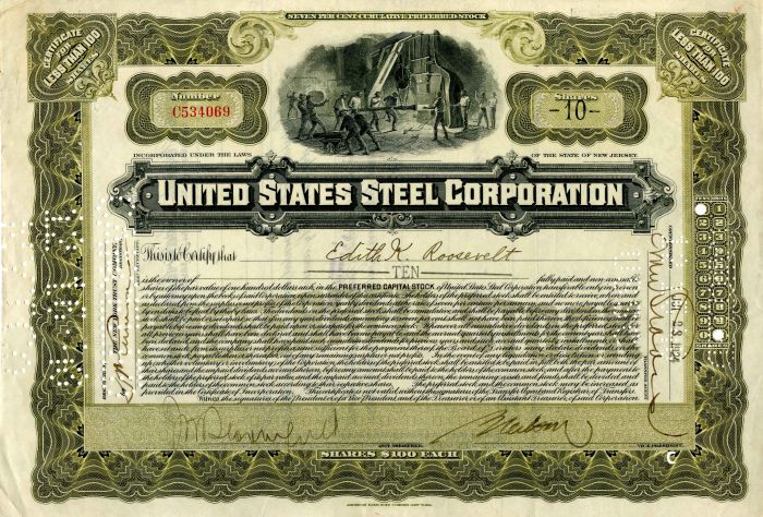 United States Steel Corporation issued to Edith K. Roosevelt - Stock Certificate