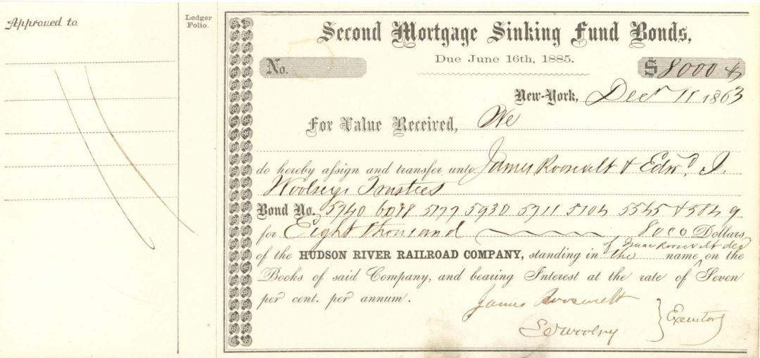 Hudson River Railroad Co. signed by James Roosevelt I - 1863 dated $8,000 Bond