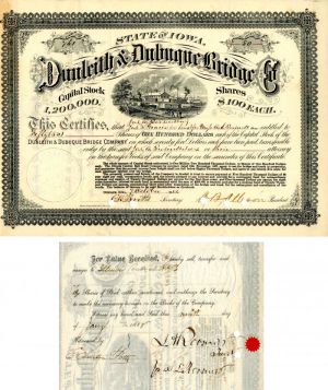 Dunleith and Dubuque Bridge Co. signed by James A. Roosevelt - Stock Certificate