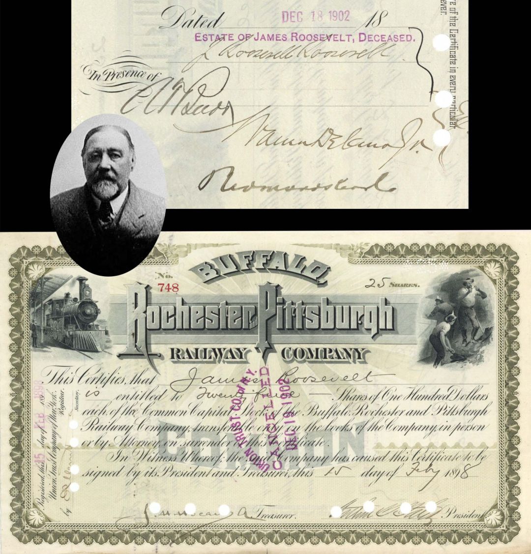 Buffalo, Rochester and Pittsburgh Railway Co. signed by James Roosevelt - 1898 and 1902 dated Autographed Stock Certificate