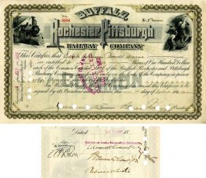 Buffalo, Rochester and Pittsburgh Railway Co. signed by J. Roosevelt Roosevelt - Stock Certificate